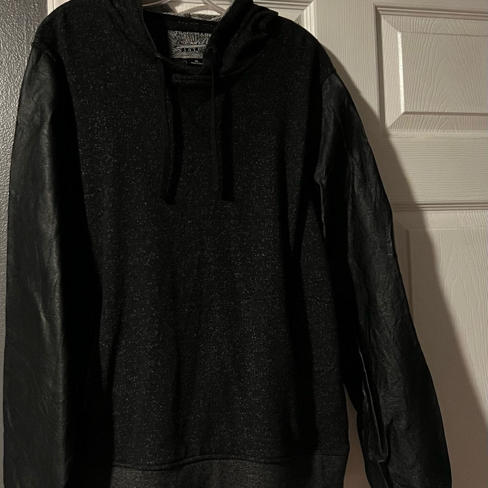 Men's VGUC BROOKLYN CLOTH XL Black leather Sleeves Zip Pockets Hoodie